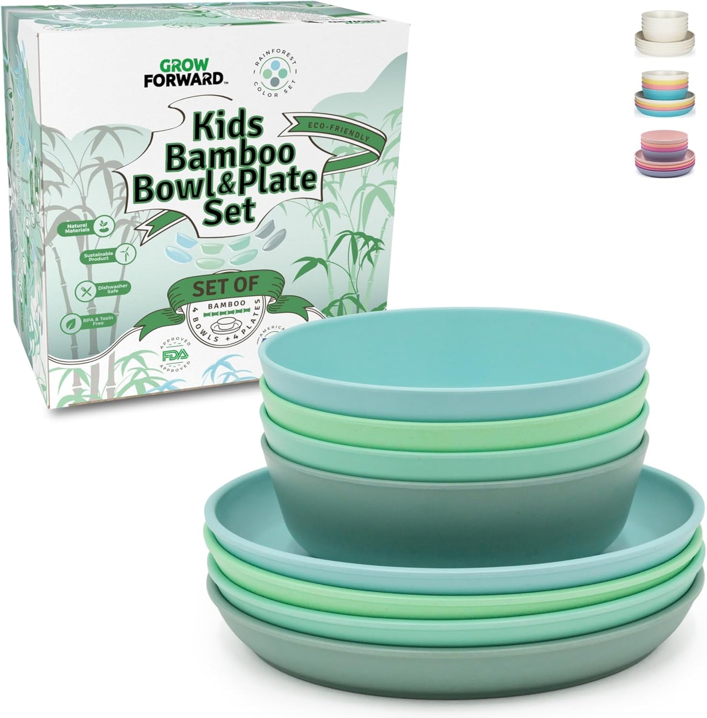 Bamboo Kids Plates and Bowls Sets - 8-Piece Dishwasher Safe Non Toxic Plates for Kids - Reusable Eco Friendly BPA Free Dishes Dinnerware Sets for Children - Rainforest
