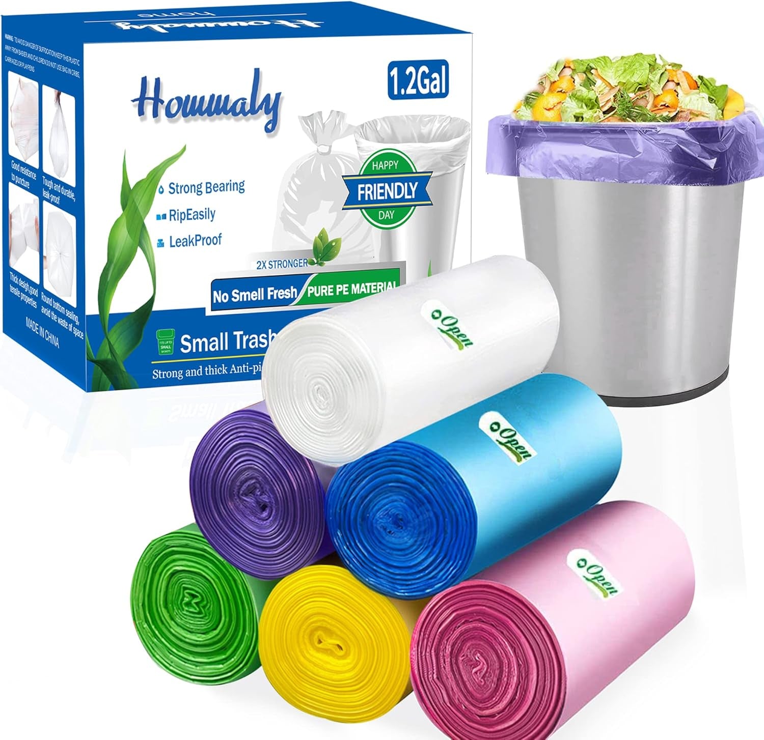 1.2 Gallon Multi Small Trash Bags,Garbage Bag Bin Liners, 5 Liters Bin Bags Wastebasket Bags for Home Office Kitchen Trash Can,Bathroom,Bedroom 300 Counts 6 Color