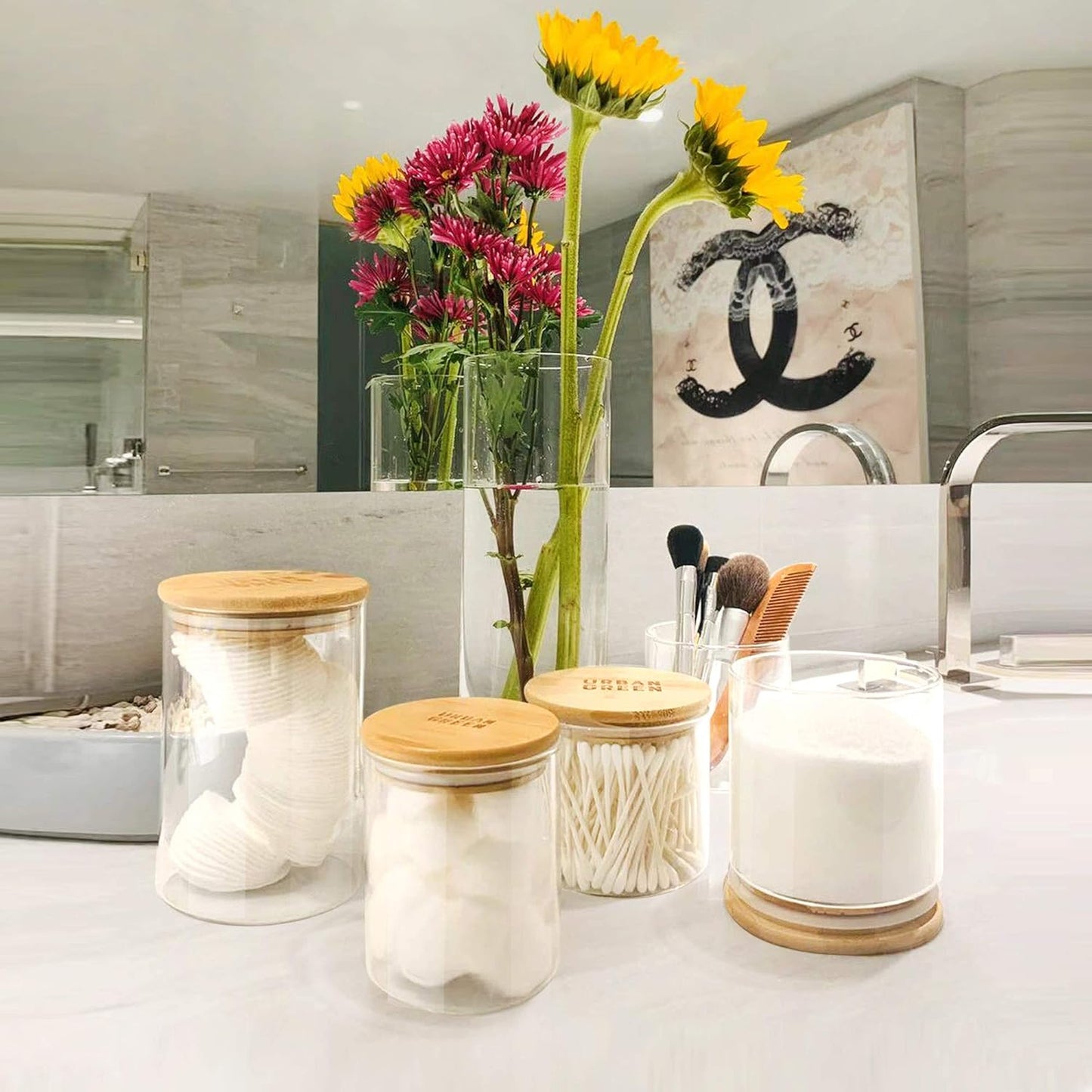 Glass Jars with Airtight Lids, Airtight Glass Canisters with Locking Lids, (Bamboo-20Oz)