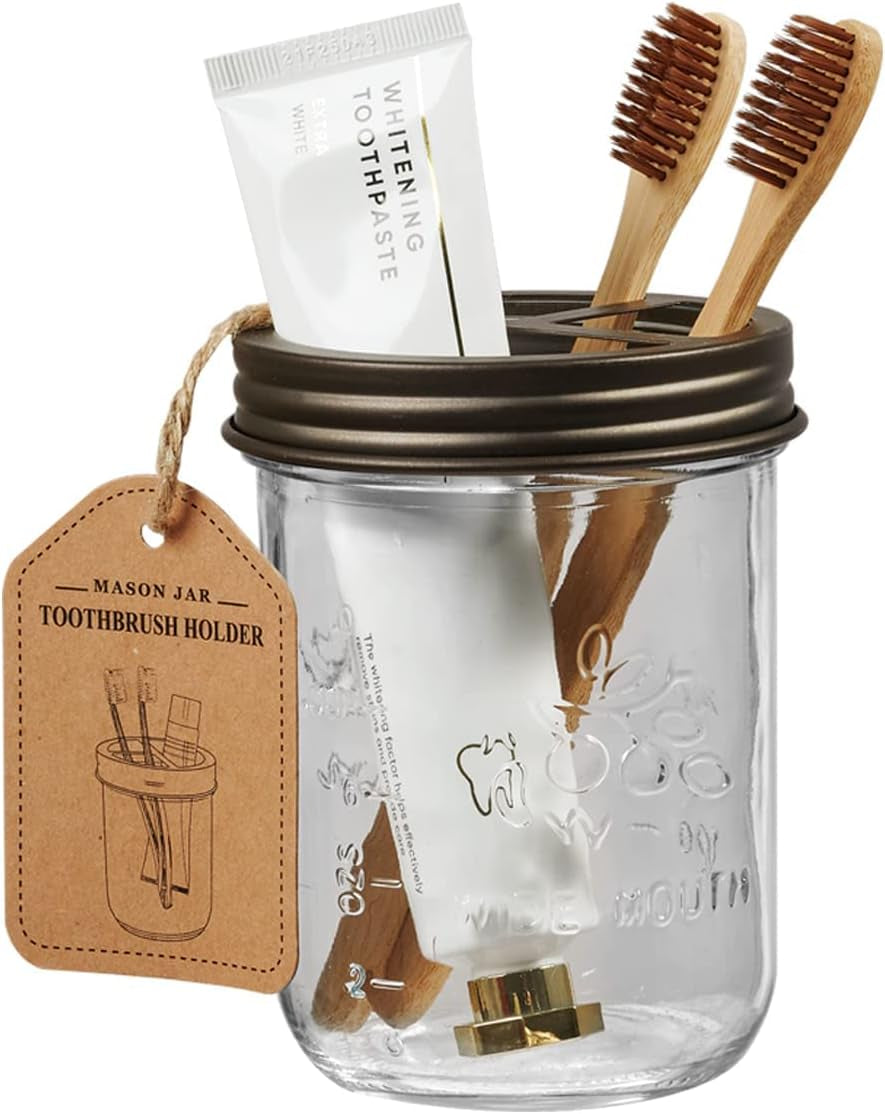 Mason Jar Bathroom Accessories Set(4 Pack) - Foaming Soap Dispenser&Qtip Holder Set&Toothbrush Holder-Rustic Farmhouse Decor Bathroom Organizer Apothecary Jar Country Countertop (Bronze)