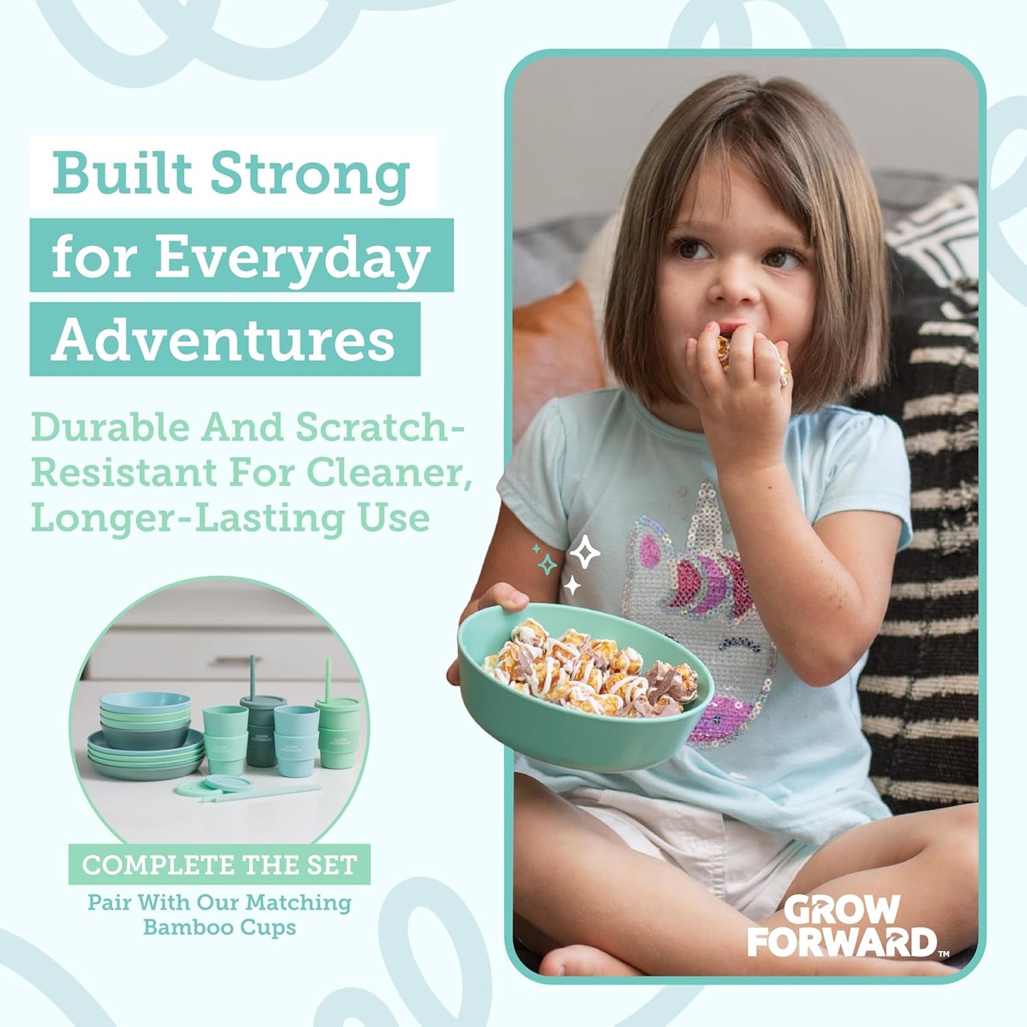 Bamboo Kids Plates and Bowls Sets - 8-Piece Dishwasher Safe Non Toxic Plates for Kids - Reusable Eco Friendly BPA Free Dishes Dinnerware Sets for Children - Rainforest