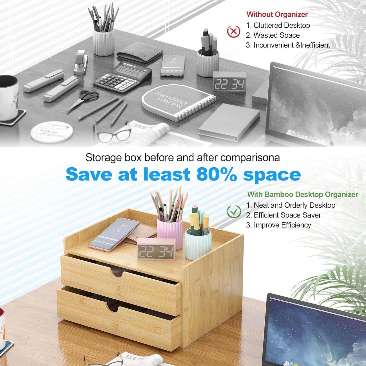 Bamboo Desk Drawer Organizer, Large Desktop Organizer with Drawers Tabletop Storage Organization Box for Office Home Toiletries Supplies Vanity, No Assembly Required (2 Drawer with Shelf)
