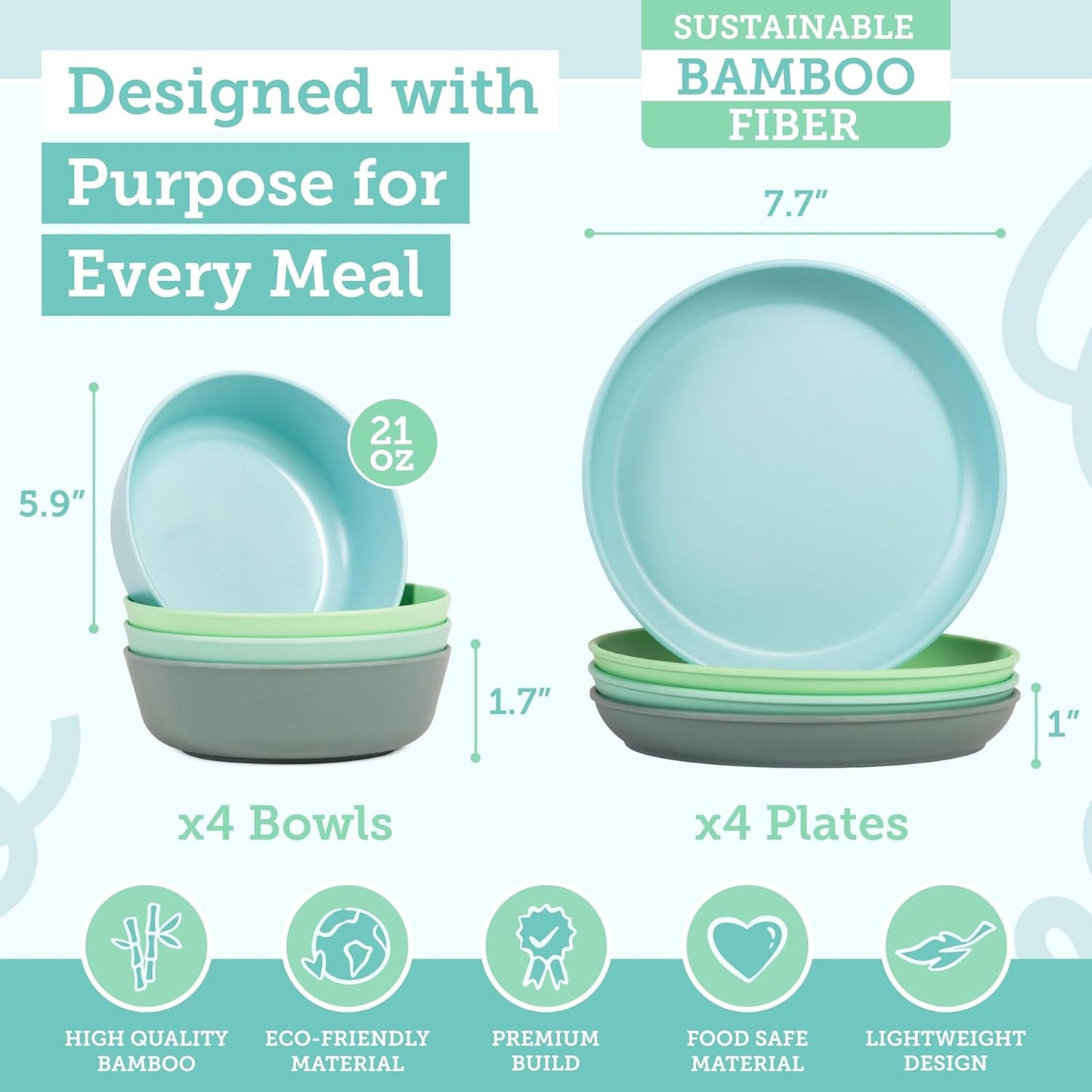 Bamboo Kids Plates and Bowls Sets - 8-Piece Dishwasher Safe Non Toxic Plates for Kids - Reusable Eco Friendly BPA Free Dishes Dinnerware Sets for Children - Rainforest