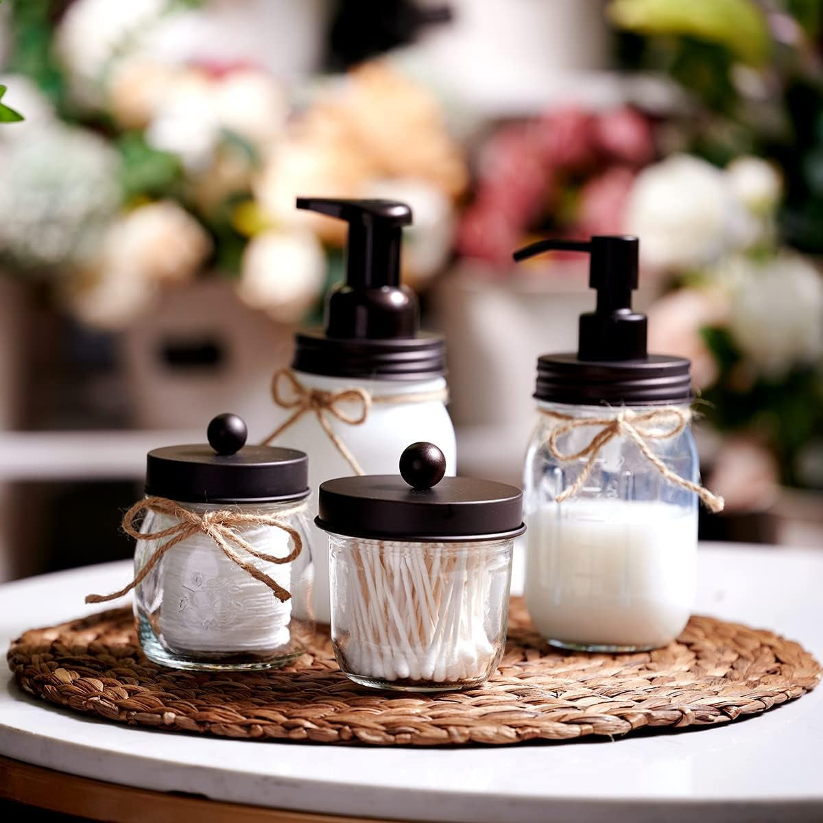 Mason Jar Bathroom Accessories Set(4 Pack) - Foaming Soap Dispenser&Qtip Holder Set&Toothbrush Holder-Rustic Farmhouse Decor Bathroom Organizer Apothecary Jar Country Countertop (Bronze)