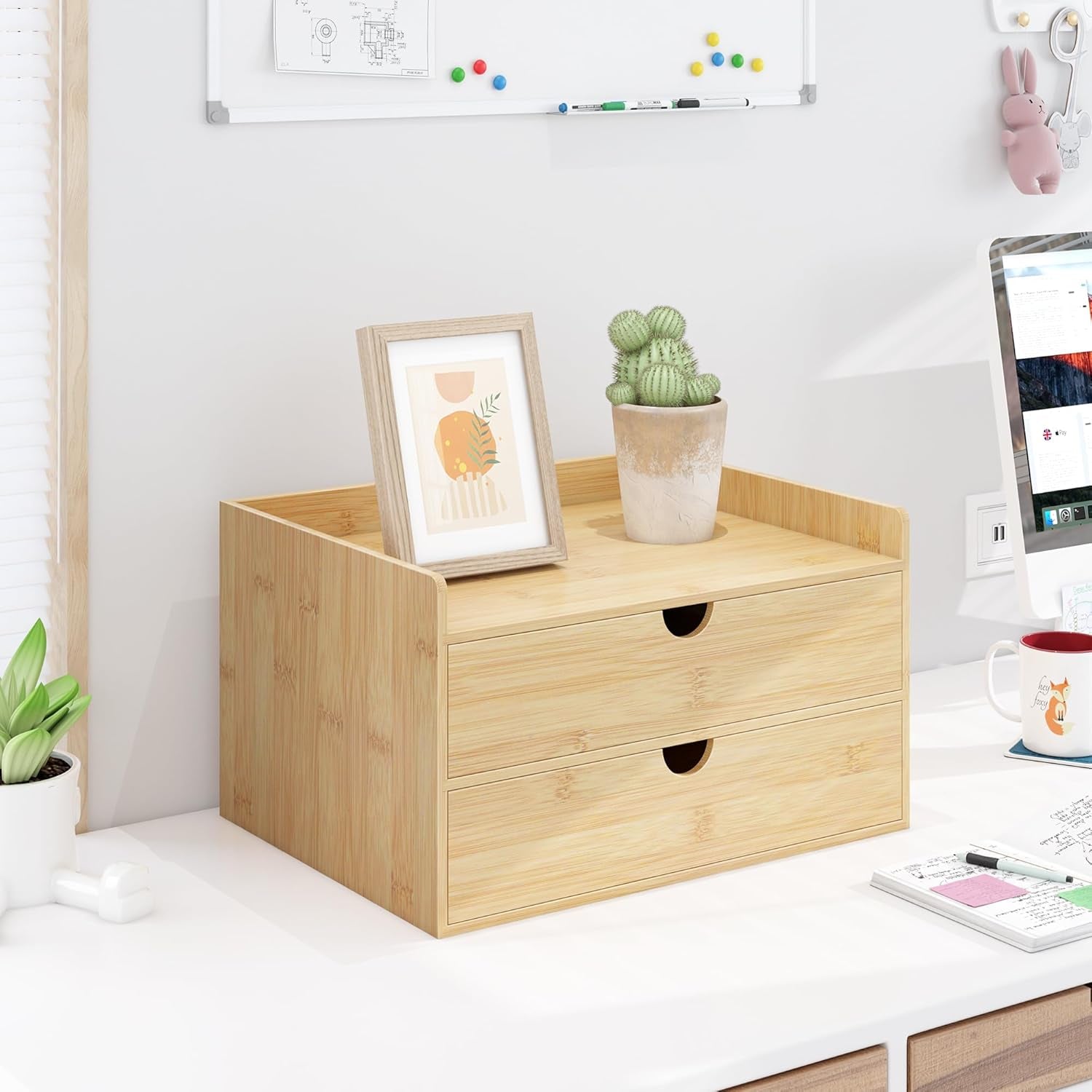 Bamboo Desk Drawer Organizer, Large Desktop Organizer with Drawers Tabletop Storage Organization Box for Office Home Toiletries Supplies Vanity, No Assembly Required (2 Drawer with Shelf)